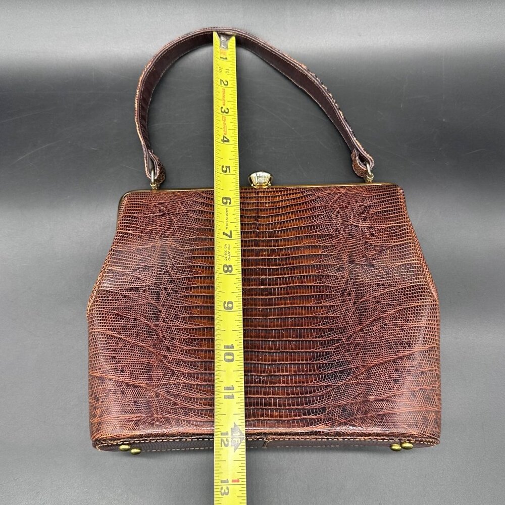 Vintage Purse Lizard Leather Handbag Lesco Mid Century Brown Gold Hardware Retro - Picture 15 of 16